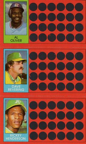 1981 Topps Scratch-Offs - Panels #4 / 22 / 39 Al Oliver / Dave Revering / Rickey Henderson Front