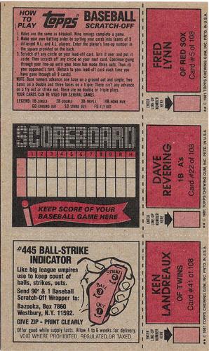 1981 Topps Scratch-Offs - Panels #5 / 22 / 41 Fred Lynn / Dave Revering / Ken Landreaux Back