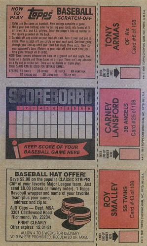 1981 Topps Scratch-Offs - Panels #6 / 25 / 43 Tony Armas / Carney Lansford / Roy Smalley Back