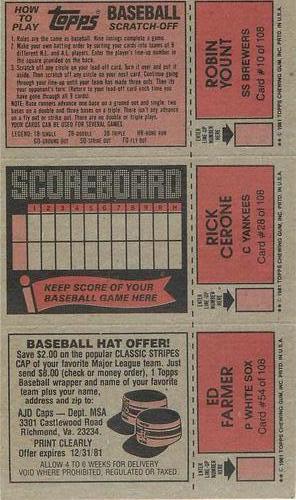 1981 Topps Scratch-Offs - Panels #10 / 28 / 54 Robin Yount / Rick Cerone / Ed Farmer Back