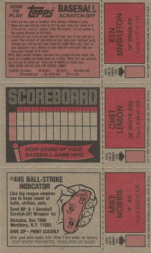 1981 Topps Scratch-Offs - Panels #17 / 34 / 53 Ken Singleton / Chet Lemon / Mike Norris Back