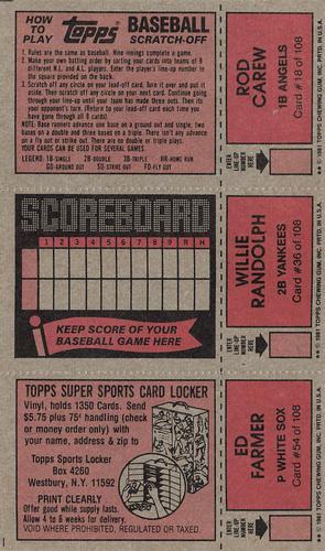 1981 Topps Scratch-Offs - Panels #18 / 36 / 54 Rod Carew / Willie Randolph / Ed Farmer Back