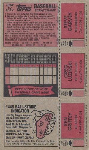 1981 Topps Scratch-Offs - Panels #56 / 74 / 91 Steve Garvey / Greg Luzinski / Ken Griffey Back
