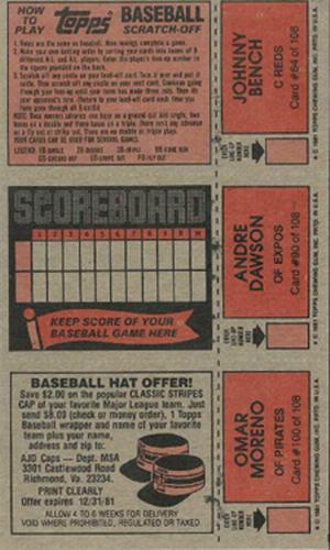 1981 Topps Scratch-Offs - Panels #64 / 90 / 100 Johnny Bench / Andre Dawson / Omar Moreno Back