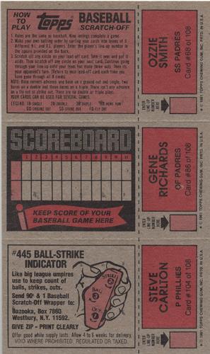 1981 Topps Scratch-Offs - Panels #68 / 86 / 104 Ozzie Smith / Gene Richards / Steve Carlton Back