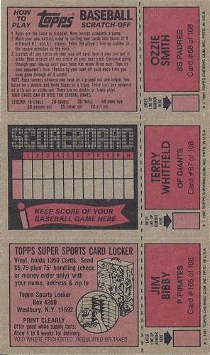 1981 Topps Scratch-Offs - Panels #68 / 87 / 105 Ozzie Smith / Terry Whitfield / Jim Bibby Back