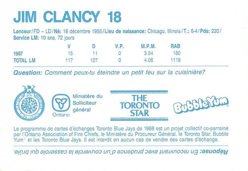 1988 Toronto Blue Jays Fire Safety French #NNO Jim Clancy Back