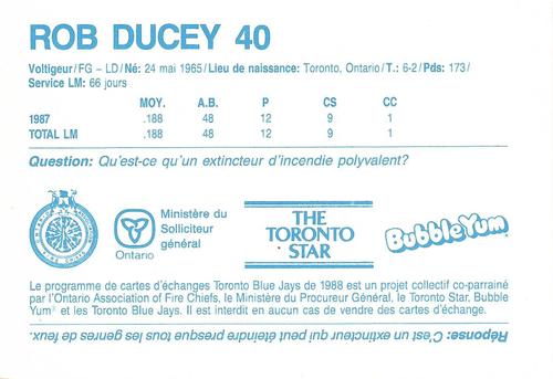 1988 Toronto Blue Jays Fire Safety French #NNO Rob Ducey Back