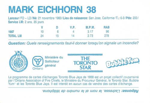 1988 Toronto Blue Jays Fire Safety French #NNO Mark Eichhorn Back