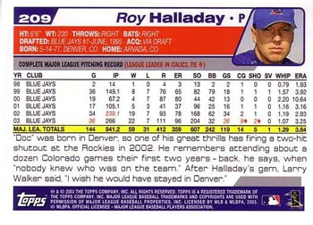 2004 Topps #209 Roy Halladay Back