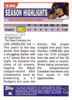 2004 Topps #336 Gagne Sets Record With 55th Consecutive Save Back