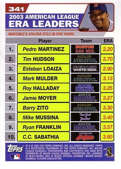 2004 Topps #341 2003 American League ERA Leaders (Pedro Martinez / Tim Hudson / Esteban Loaiza) Back