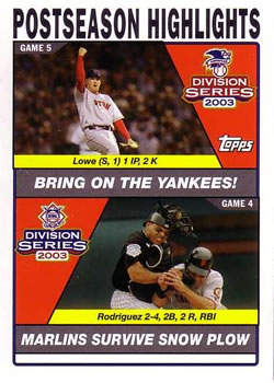 2004 Topps #353 Bring On the Yankees / Marlins Survive The Snow Plow (Derek Lowe / Ivan Rodriguez) Front