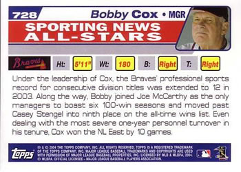 2004 Topps #728 Bobby Cox Back