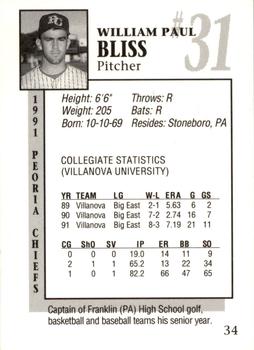 1991 Peoria Chiefs #34 Bill Bliss Back
