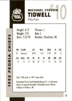 1992 Peoria Chiefs #10 Mike Tidwell Back