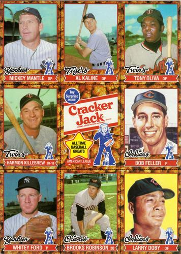 1982 Topps Cracker Jack - Panels #NNO American League (Larry Doby / Bob Feller / Whitey Ford / Al Kaline / Harmon Killebrew / Mickey Mantle / Tony Oliva / Brooks Robinson) Front
