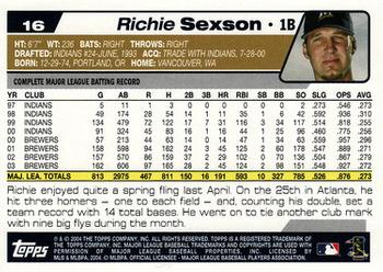 2004 Topps Opening Day #16 Richie Sexson Back