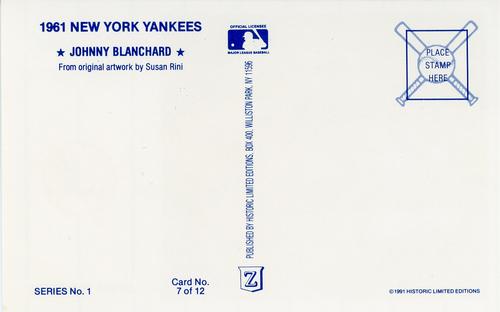 1991 Historic Limited Editions 1961 New York Yankees (Series 1) #7 Johnny Blanchard Back