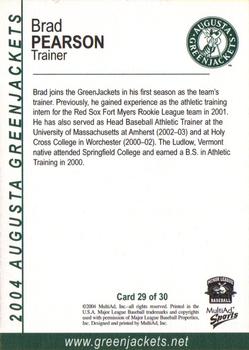 2004 MultiAd Augusta GreenJackets #29 Brad Pearson Back