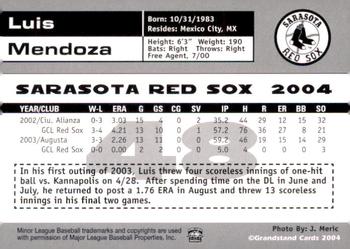 2004 Grandstand Sarasota Red Sox #NNO Luis Mendoza Back