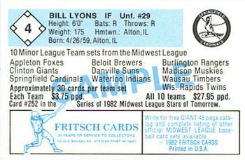 1982 Fritsch Springfield Cardinals - Samples #4 Bill Lyons Back