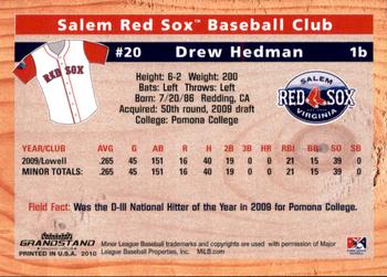 2010 Grandstand Salem Red Sox #NNO Drew Hedman Back