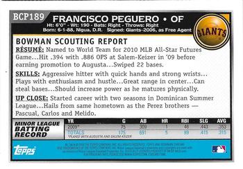 2010 Bowman Chrome - Prospects Autographs #BCP189 Francisco Peguero Back