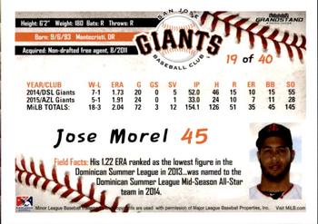 2016 Grandstand San Jose Giants #19 Jose Morel Back