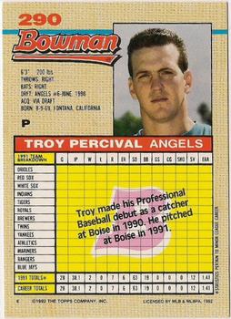1992 Bowman #290 Troy Percival Back