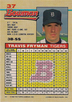 1992 Bowman #37 Travis Fryman Back
