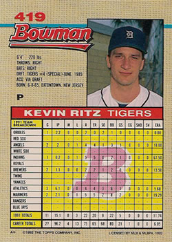 1992 Bowman #419 Kevin Ritz Back