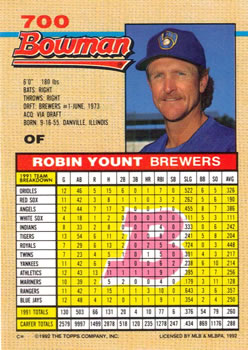 1992 Bowman #700 Robin Yount Back