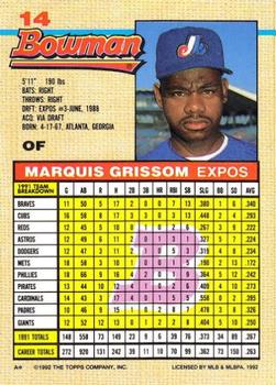 1992 Bowman #14 Marquis Grissom Back
