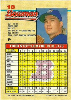 1992 Bowman #18 Todd Stottlemyre Back