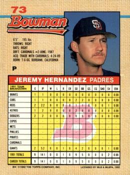 1992 Bowman #73 Jeremy Hernandez Back