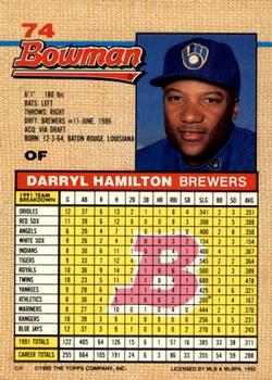 1992 Bowman #74 Darryl Hamilton Back