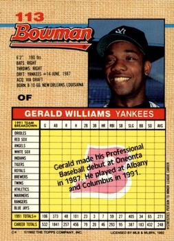 1992 Bowman #113 Gerald Williams Back