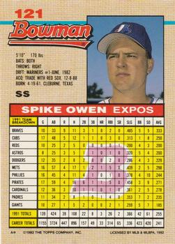 1992 Bowman #121 Spike Owen Back