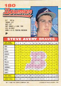 1992 Bowman #180 Steve Avery Back