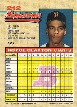 1992 Bowman #212 Royce Clayton Back