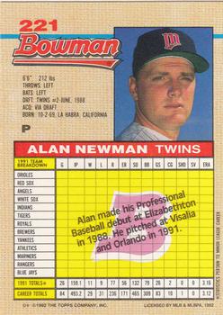 1992 Bowman #221 Alan Newman Back