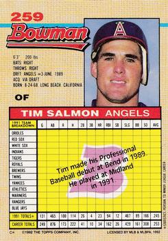 1992 Bowman #259 Tim Salmon Back