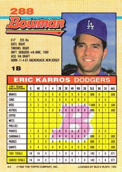 1992 Bowman #288 Eric Karros Back
