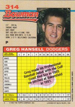 1992 Bowman #314 Greg Hansell Back