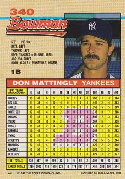 1992 Bowman #340 Don Mattingly Back