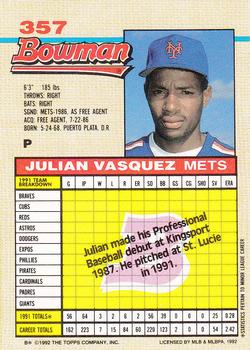 1992 Bowman #357 Julian Vasquez Back