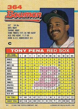 1992 Bowman #364 Tony Pena Back