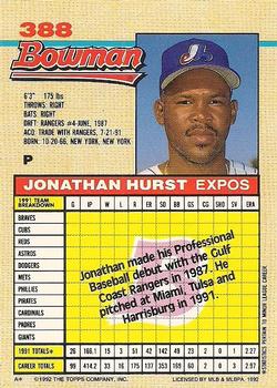 1992 Bowman #388 Jonathan Hurst Back