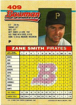 1992 Bowman #409 Zane Smith Back